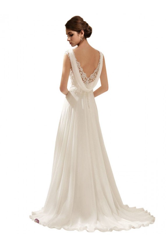 Marfim Chiffon & Renda Linha A Lombar Decote V Longo Vestidos de Noiva
