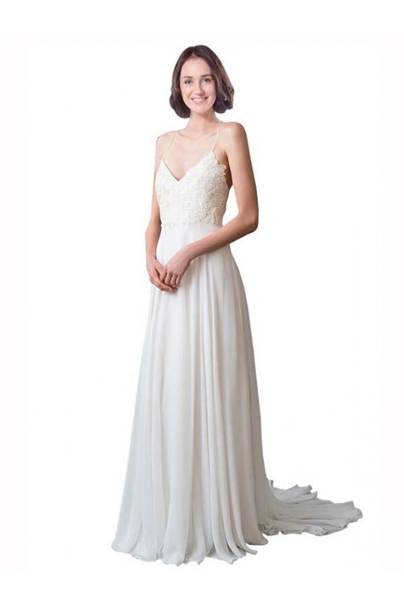 Marfim Linha A Alças finas Comboio Capela Chiffon & Renda Longo Vestidos de Noiva Acessíveis
