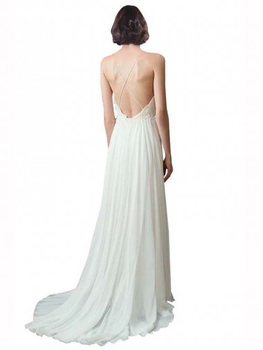 Marfim Linha A Alças finas Comboio Capela Chiffon & Renda Longo Vestidos de Noiva