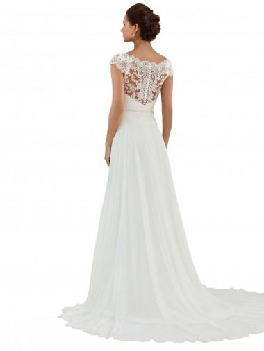 Marfim Linha A Barco Comboio Capela Chiffon Longo Vestidos de Noiva