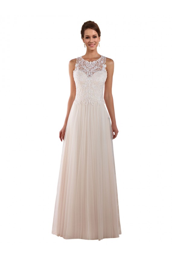 Marfim Linha A Decote Alto Comboio Capela Tule & Renda Longo Vestidos de Noiva Acessíveis