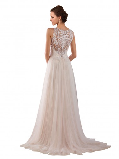 Marfim Linha A Decote Alto Comboio Capela Tule & Renda Longo Vestidos de Noiva