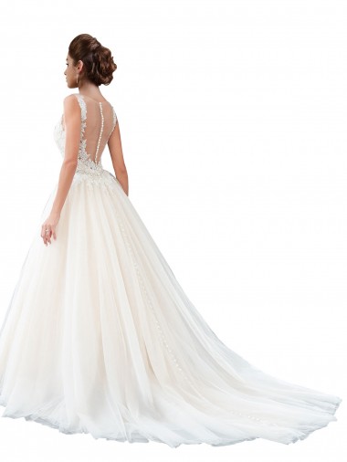 Marfim Linha A Decote Ilusão Comboio Catedral Tule & Renda Longo Vestidos de Noiva
