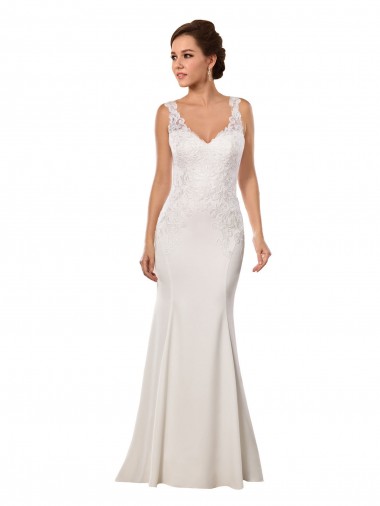 Marfim Renda & Crepe Esticado Sereia Decote V Longo Vestidos de Noiva