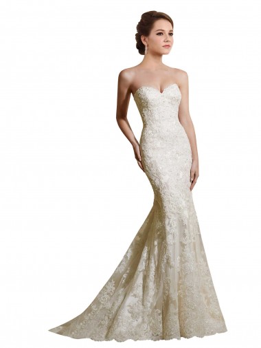 Marfim Sereia Amor Comboio Capela Cetim & Renda Longo Vestidos de Noiva