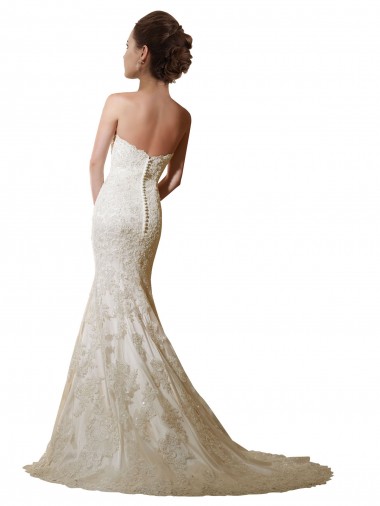 Marfim Sereia Amor Comboio Capela Cetim & Renda Longo Vestidos de Noiva