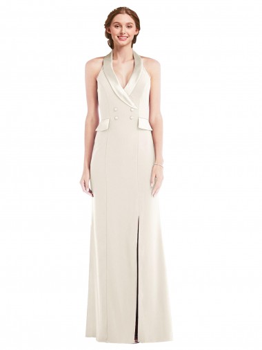 Marfim Trombeta Cabeçada Crepe Esticado Longo Vestidos de Madrinha / Vestidos de Festa