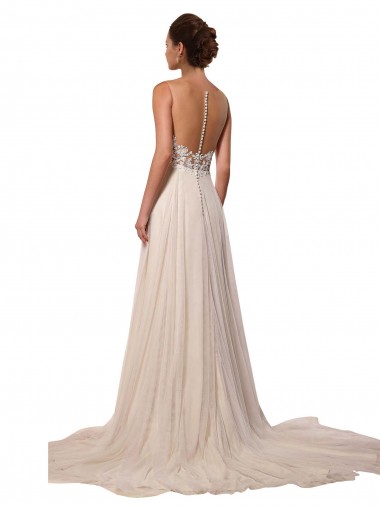 Marfim Tule & Renda Linha A Decote Ilusão Longo Vestidos de Noiva