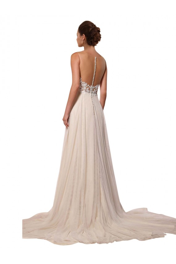 Marfim Tule & Renda Linha A Decote Ilusão Longo Vestidos de Noiva