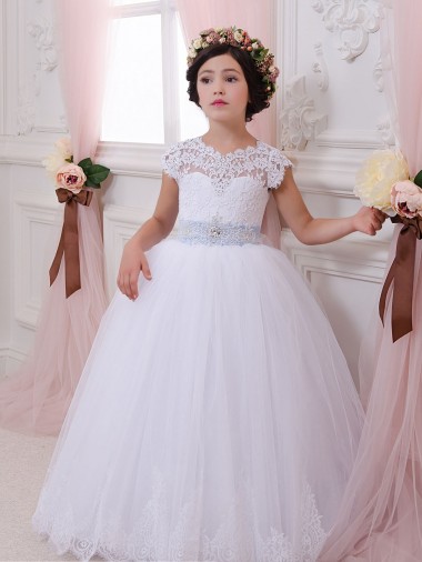 Marfim Tule & Renda Mangas Curtas Amor Vestido de Baile Longo Vestidos para meninas de flores