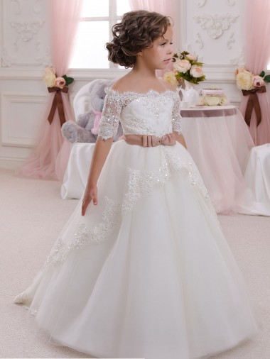 Marfim Tule & Renda Mangas Curtas Decote Alto Vestido de Baile Longo Vestidos para meninas de flores