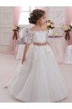 Marfim Tule & Renda Mangas Curtas Decote Alto Vestido de Baile Longo Vestidos para meninas de flores Acessíveis