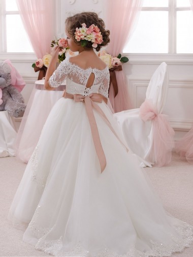 Marfim Tule & Renda Mangas Curtas Decote Alto Vestido de Baile Longo Vestidos para meninas de flores