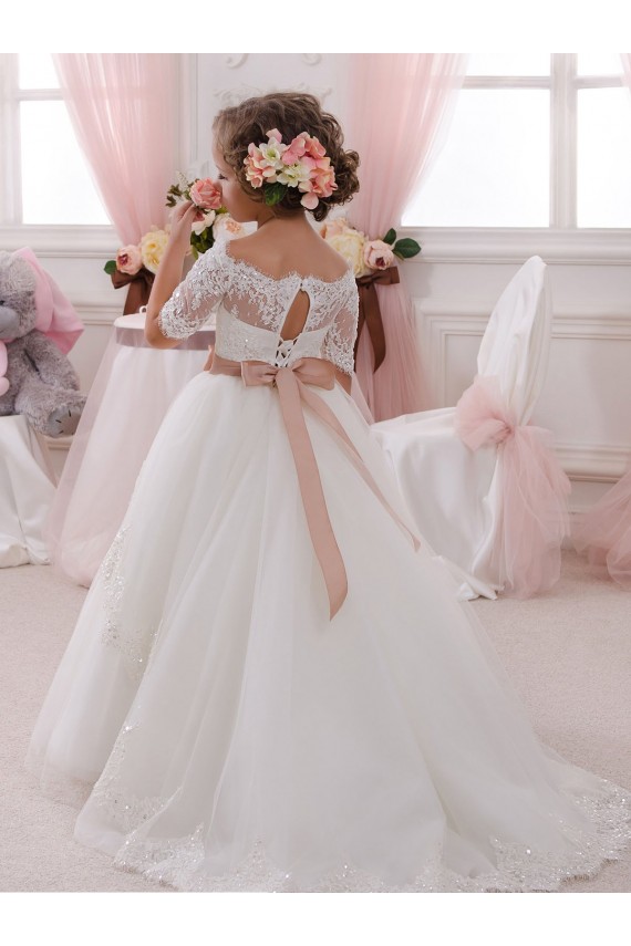 Marfim Tule & Renda Mangas Curtas Decote Alto Vestido de Baile Longo Vestidos para meninas de flores Acessíveis