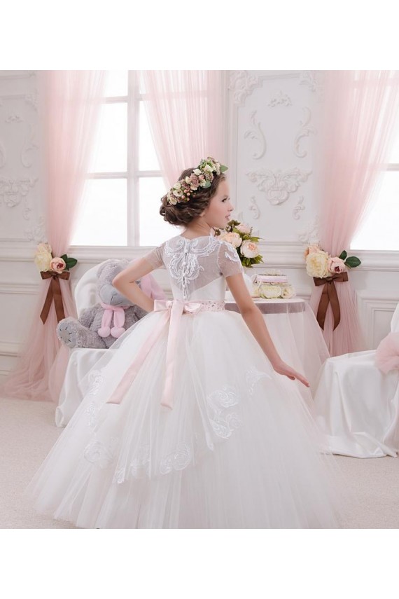 Marfim Tule & Renda Sem Mangas Amor Vestido de Baile Longo Vestidos para meninas de flores Acessíveis