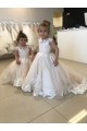 Marfim Tule & Renda Sem Mangas Barco Vestido de Baile Longo Vestidos para meninas de flores Acessíveis
