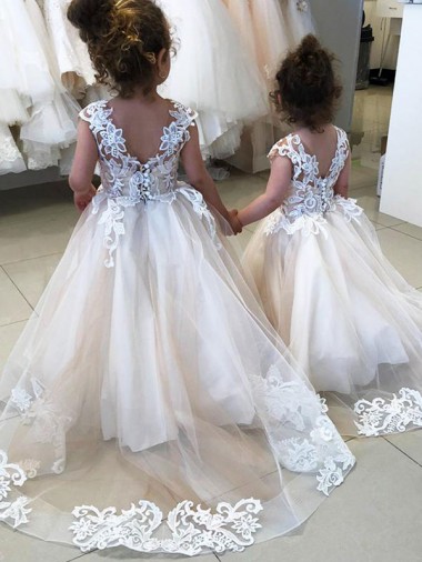 Marfim Tule & Renda Sem Mangas Barco Vestido de Baile Longo Vestidos para meninas de flores