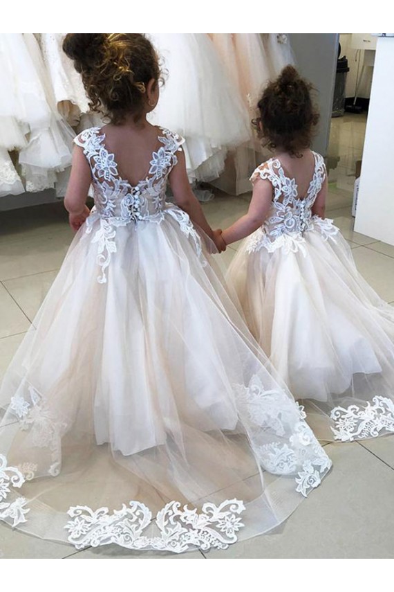 Marfim Tule & Renda Sem Mangas Barco Vestido de Baile Longo Vestidos para meninas de flores Acessíveis