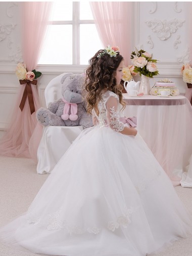 Marfim Tule & Renda Vestido de Baile Barco Longo Vestidos para meninas de flores
