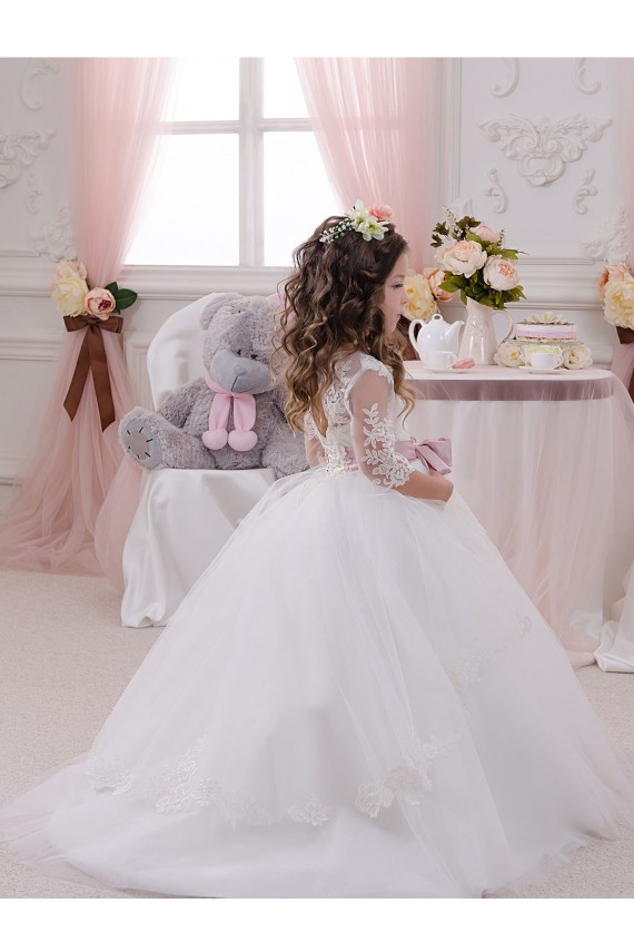 Marfim Tule & Renda Vestido de Baile Barco Longo Vestidos para meninas de flores Acessíveis
