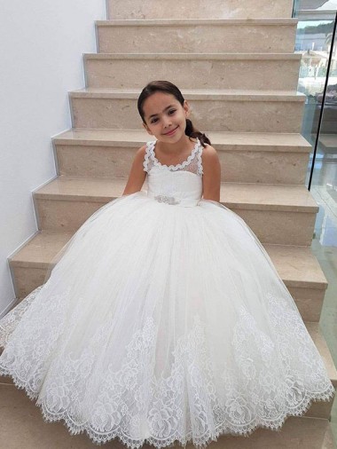 Marfim Tule & Renda Vestido de Baile Buraco da fechadura Decote Alto Longo Vestidos para meninas de flores