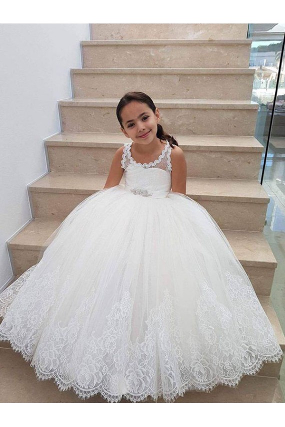 Marfim Tule & Renda Vestido de Baile Buraco da fechadura Decote Alto Longo Vestidos para meninas de flores Acessíveis