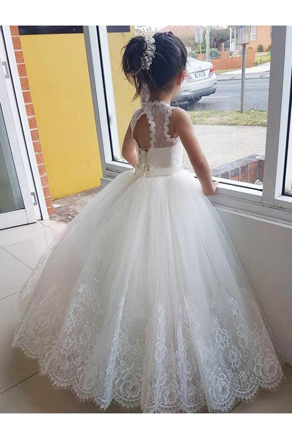 Marfim Tule & Renda Vestido de Baile Buraco da fechadura Decote Alto Longo Vestidos para meninas de flores Acessíveis