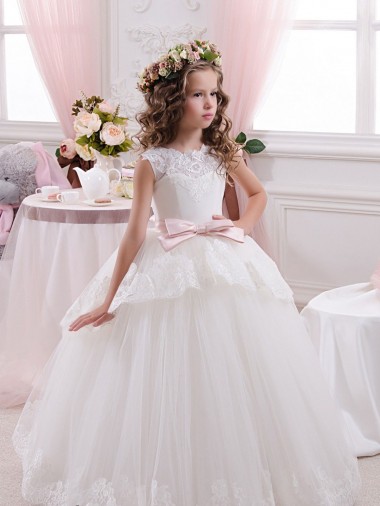 Marfim Tule & Renda Vestido de Baile Costas em V Amor Longo Vestidos para meninas de flores