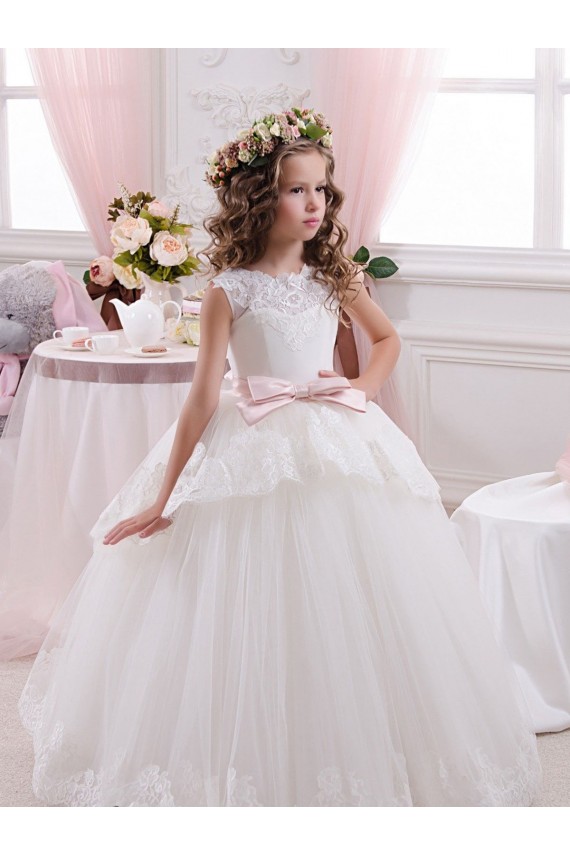 Marfim Tule & Renda Vestido de Baile Costas em V Amor Longo Vestidos para meninas de flores Acessíveis