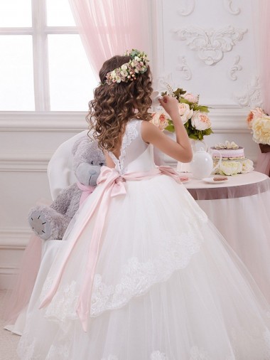 Marfim Tule & Renda Vestido de Baile Costas em V Amor Longo Vestidos para meninas de flores