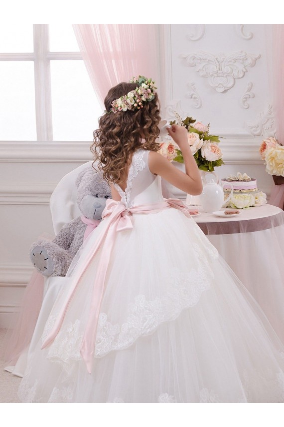 Marfim Tule & Renda Vestido de Baile Costas em V Amor Longo Vestidos para meninas de flores Acessíveis