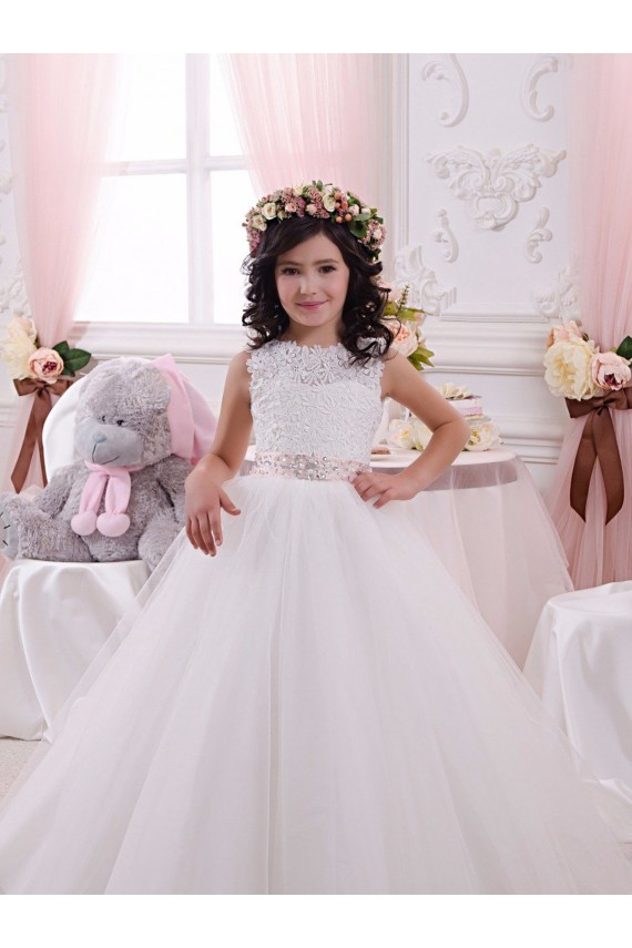 Marfim Tule & Renda Vestido de Baile Costas em V Barco Longo Vestidos para meninas de flores Acessíveis