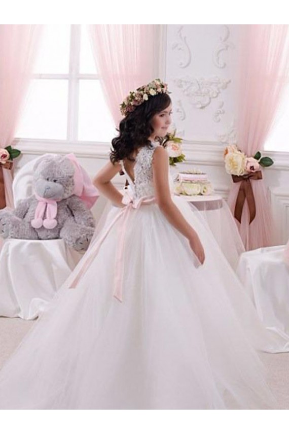 Marfim Tule & Renda Vestido de Baile Costas em V Barco Longo Vestidos para meninas de flores Acessíveis