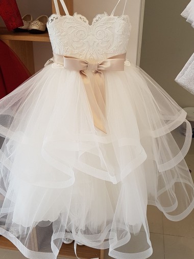 Marfim Tule & Renda Vestido de Baile Decote Alto Longo Vestidos para meninas de flores