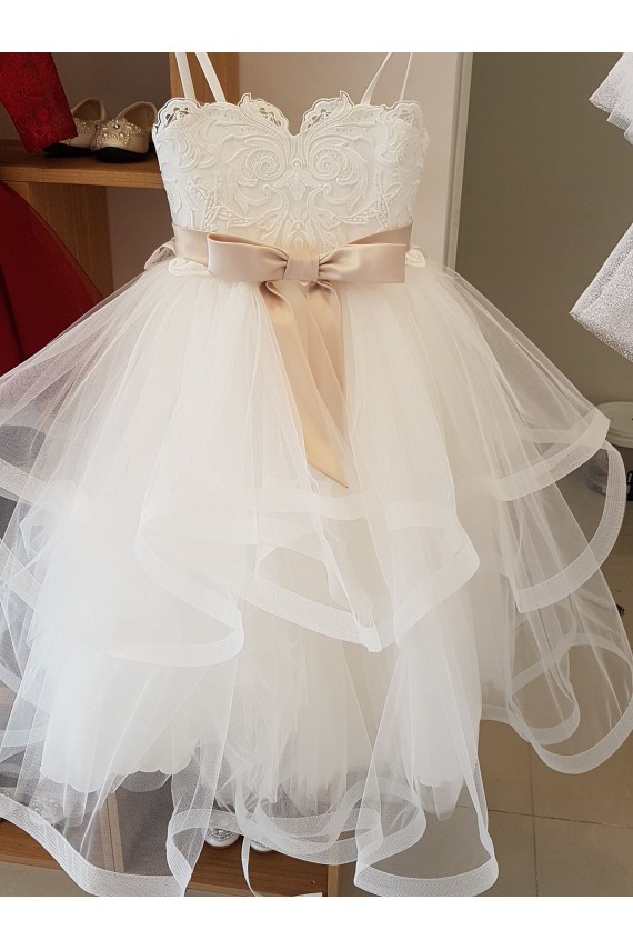 Marfim Tule & Renda Vestido de Baile Decote Alto Longo Vestidos para meninas de flores Acessíveis