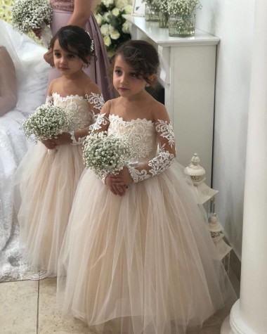 Marfim Tule & Renda Vestido de Baile Mangas Compridas Amor Longo Vestidos para meninas de flores