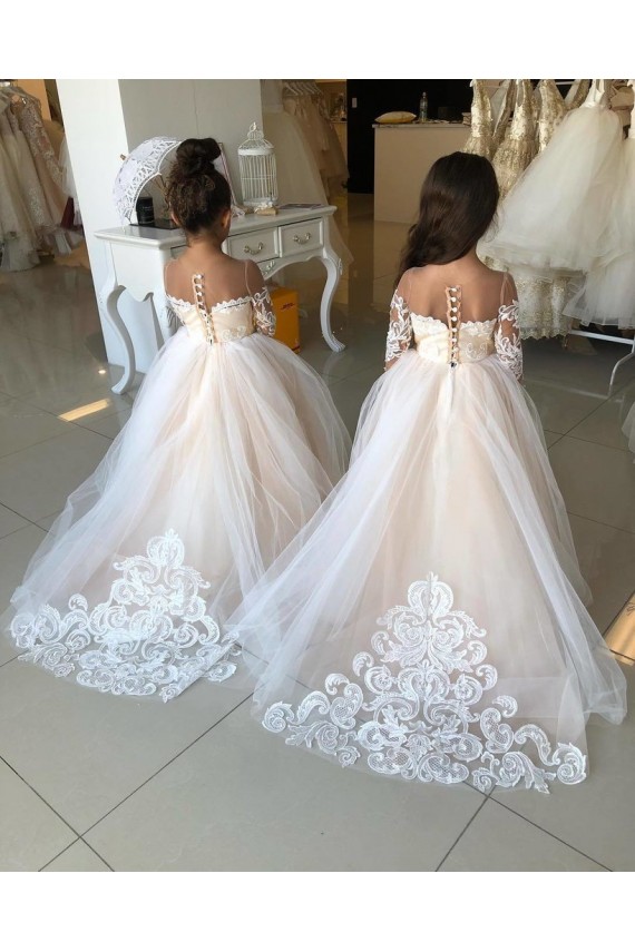 Marfim Tule & Renda Vestido de Baile Mangas Compridas Amor Longo Vestidos para meninas de flores Acessíveis