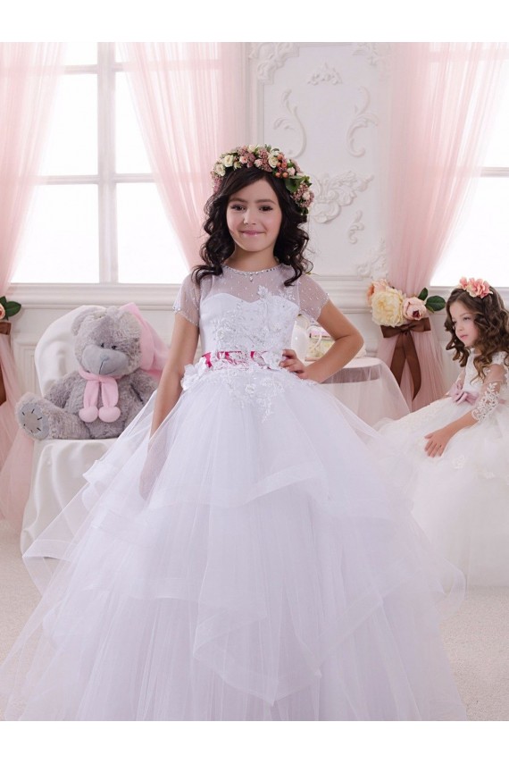 Marfim Tule & Renda Vestido de Baile Mangas Curtas Amor Longo Vestidos para meninas de flores Acessíveis