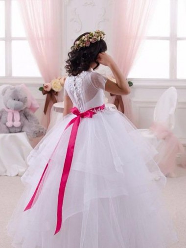 Marfim Tule & Renda Vestido de Baile Mangas Curtas Amor Longo Vestidos para meninas de flores