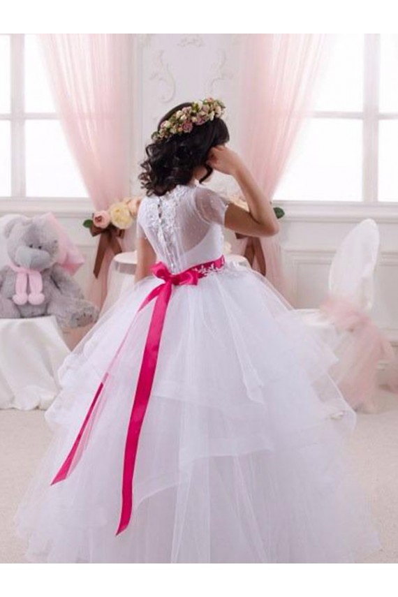 Marfim Tule & Renda Vestido de Baile Mangas Curtas Amor Longo Vestidos para meninas de flores Acessíveis