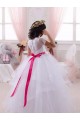 Marfim Tule & Renda Vestido de Baile Mangas Curtas Amor Longo Vestidos para meninas de flores Acessíveis