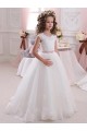Marfim Tule & Renda Vestido de Baile Mangas Curtas Decote Alto Longo Vestidos para meninas de flores Acessíveis