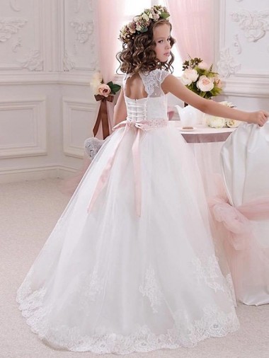 Marfim Tule & Renda Vestido de Baile Mangas Curtas Decote Alto Longo Vestidos para meninas de flores