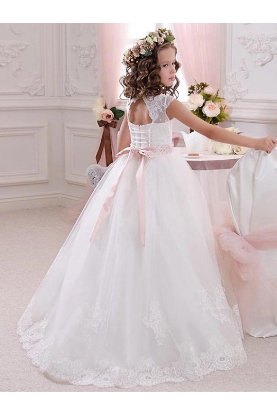 Marfim Tule & Renda Vestido de Baile Mangas Curtas Decote Alto Longo Vestidos para meninas de flores Acessíveis