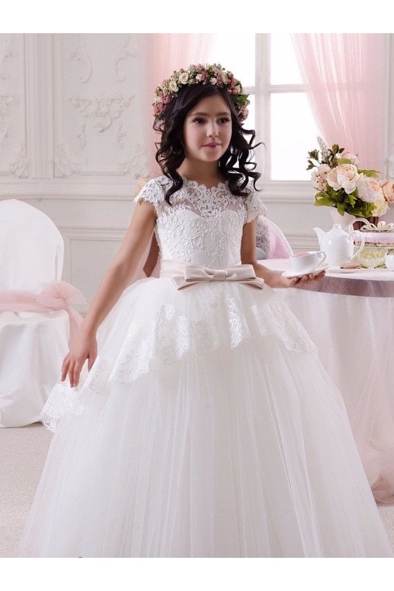 Marfim Tule & Renda Vestido de Baile Sem Mangas Amor Longo Vestidos para meninas de flores Acessíveis