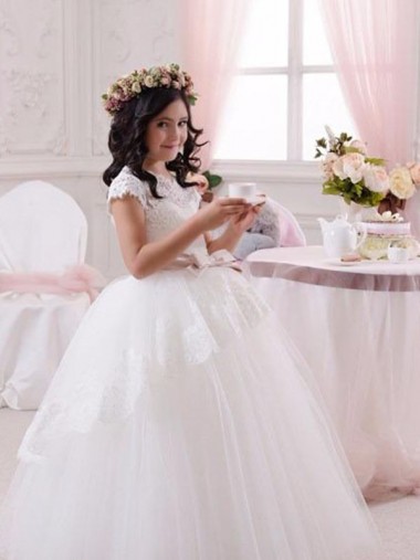 Marfim Tule & Renda Vestido de Baile Sem Mangas Amor Longo Vestidos para meninas de flores
