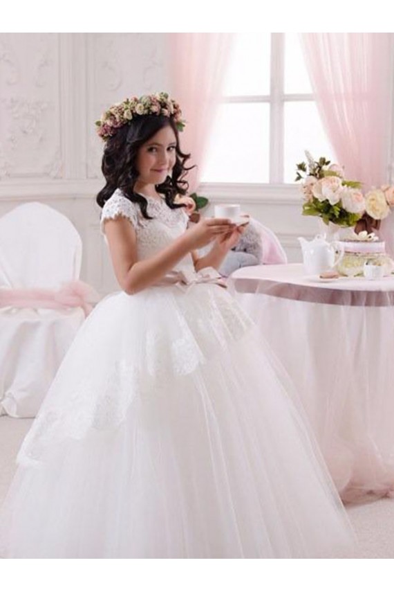 Marfim Tule & Renda Vestido de Baile Sem Mangas Amor Longo Vestidos para meninas de flores Acessíveis