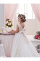 Marfim Tule & Renda Vestido de Baile Sem Mangas Barco Longo Vestidos para meninas de flores Acessíveis