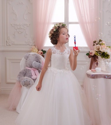 Marfim Tule & Renda Vestido de Baile Sem Mangas Decote Alto Longo Vestidos para meninas de flores