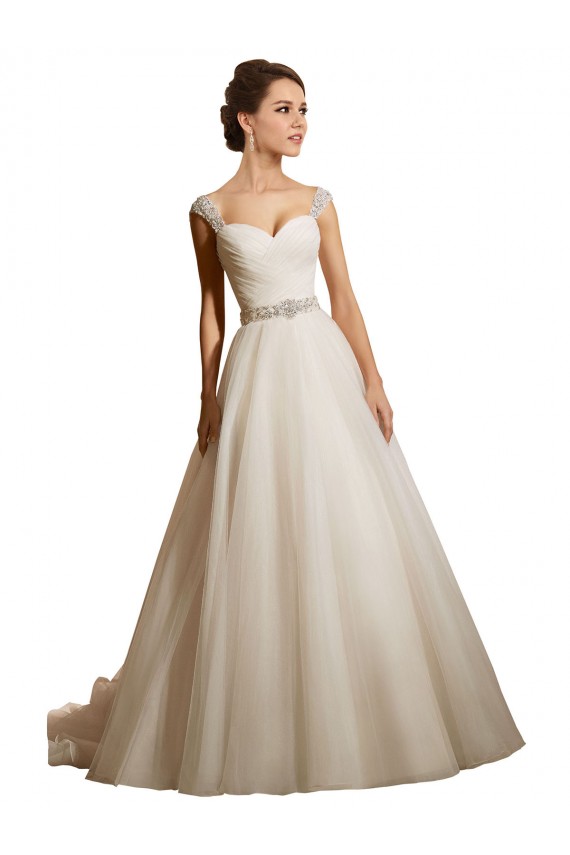 Marfim Tule Vestido de Baile Sem Mangas Amor Longo Vestidos de Noiva Acessíveis
